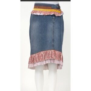 H&M Vintage Denim Skirt Ruffle Trim Waist & Hem Blue Red Midi Womens Size 8